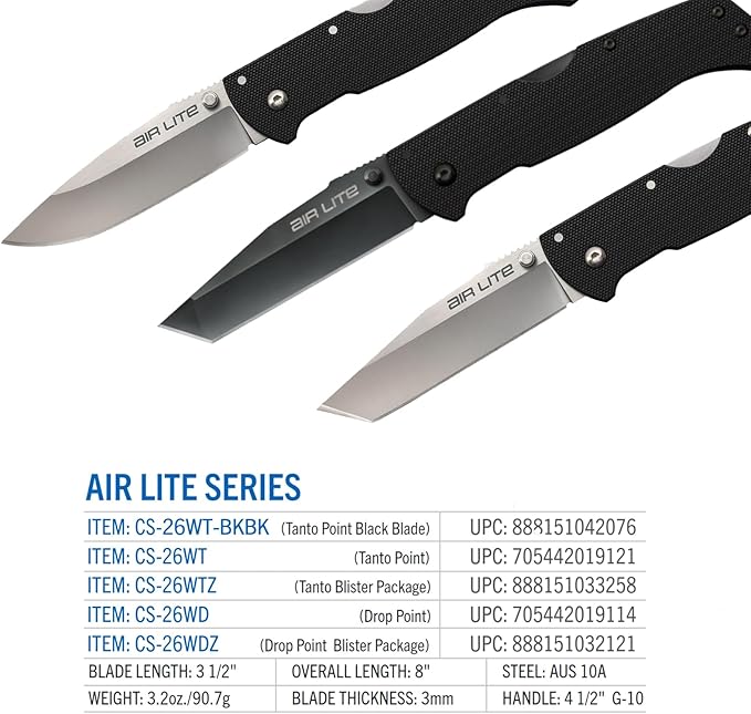 COLD STEEL Air Lite 3.5" AUS10A Tanto Point Blade 4.5" G-10 Handle Everyday Carry Compact Pocket Folding Knife w/Tri-Ad Lock