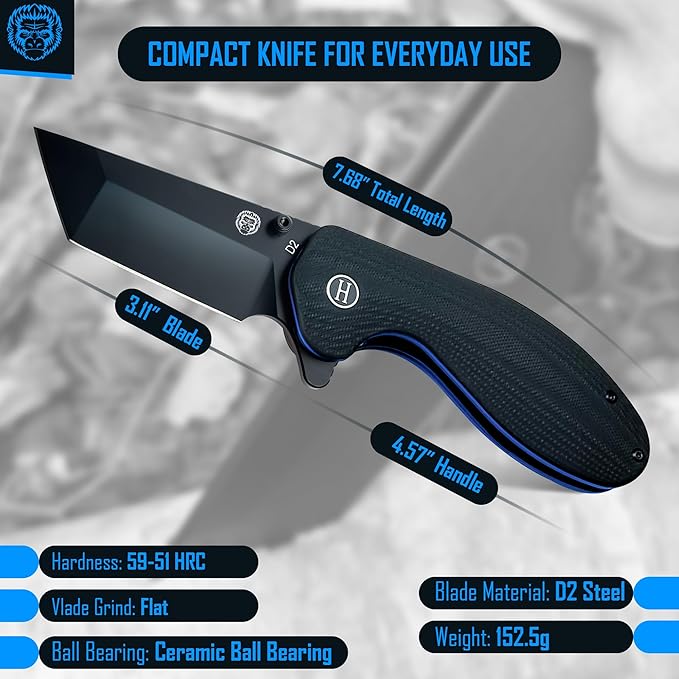 Holtzman's Gorilla Survival 'Patriot' Folding Knife featuring D2 Steel Blade with G10 Handle in Gift Box Set (Black+Blue)