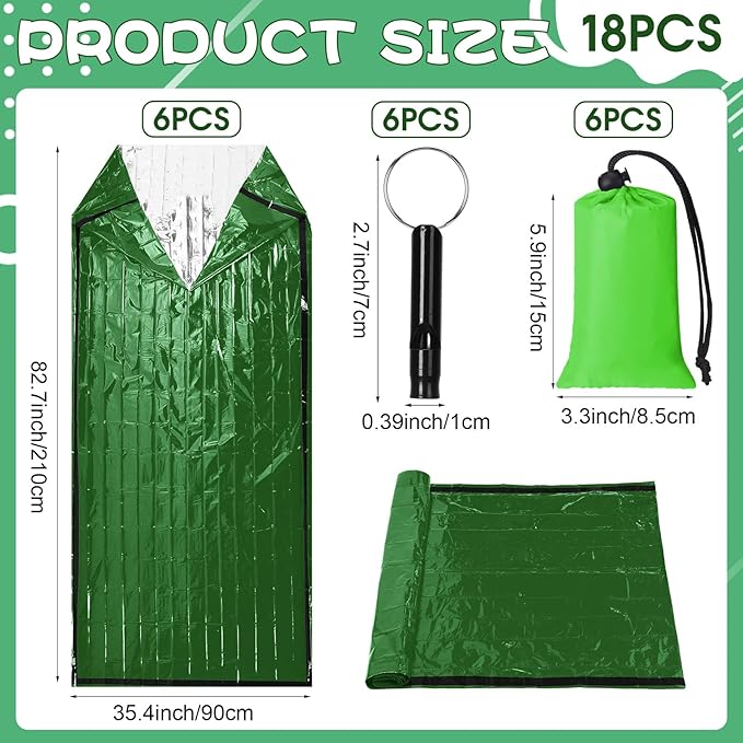Qunclay 6 Set Emergency Sleeping Bag Portable Bivy Sack with Whistles Thermal Waterproof Survival Bag Foldable Lightweight Emergency Supplies for Outdoor Travel Camping Hiking