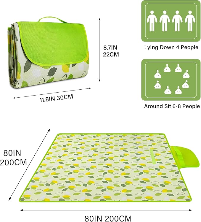 YU FENG Picnic Blanket Waterproof Foldable Green Leaves Outdoor Beach Blankets Lightweight Tote Shaped Mat for Travel Camping Family Party (80x80 inch)