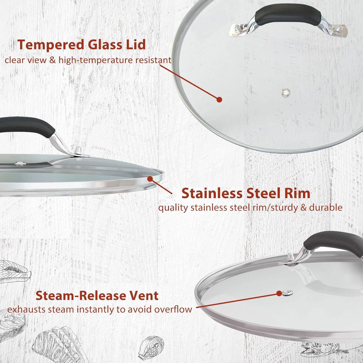 12 Inch Tempered Glass Pot Lid Compatible with 12” Lodge Cast Iron Skillets and 7 Quart Dutch Ovens - Designed with Steam Vent Hole and Heat Resistant Handle