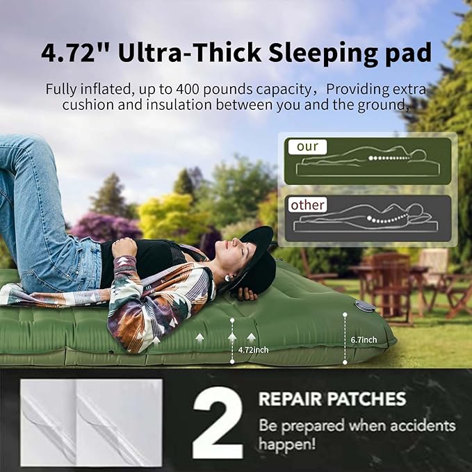 Sleeping Pad for Camping,5" Ultra-Thick Camping Mattress with Pillow Built-in Foot Pump, Self Inflating Camping pad for Backpacking, Car Camping, Hiking, Tent(Green)