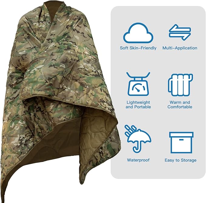Military Poncho Liner 55”x 79” Camping Blanket Woobie Compact Waterproof for Travel Stadium Outdoor Camping