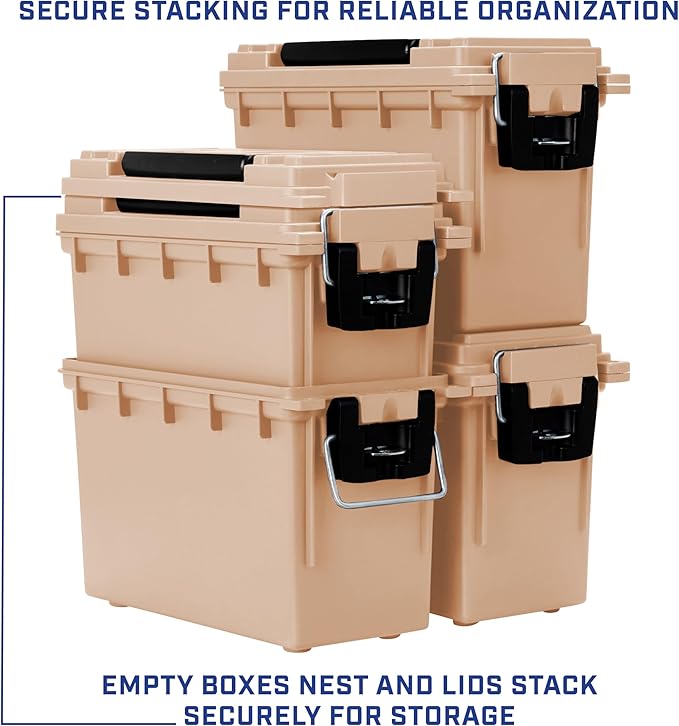 Sheffield 12627 Ammo Storage Box, Stackable .30 Cal Field Boxes, Water and Dust Resistant, Lockable Storage Box with Handle, Secures Hunting Gear, Supplies, and Bullets, Made in USA, Tan, 1-Pack