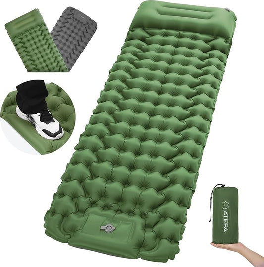 ATEPA Sleeping Pad for Camping Backpacking, Ultralight Inflatable Camping Air Mattress with Built-in Foot Pump & Pillow, 77"X27"Waterproof & Compact Sleeping Mat Olive Green