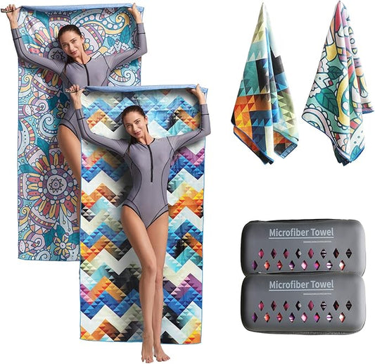 Hiturbo 2 Pack Microfiber Beach Towels,(71"x35") Oversized Sand Free Travel Towels Fast Drying Swimming Towel, Lightweight Compact Camping Towel Super Absorbent Pool Towel