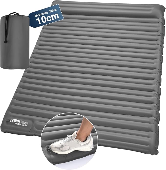 LAMA Double Sleeping Pad for Camping, 2 Persons Self Inflating Camping Mattress for Sleeping, Ultra-Thick 4" Sleeping Mat with Pillow Built-in Pump, Ultralight Camping Mat for Backpacking, Hiking, GY