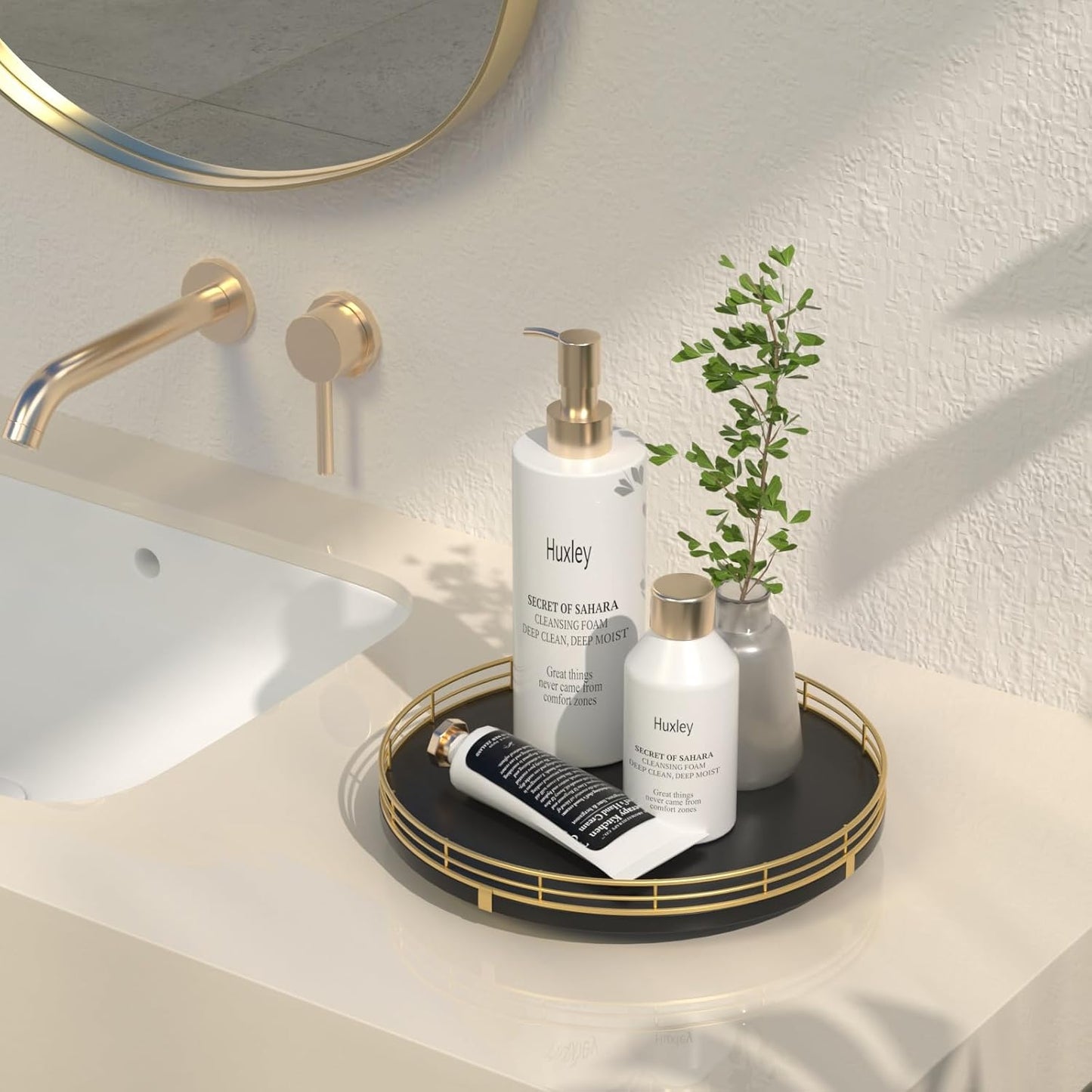 10" Oak Wood Decorative Tray for Home Decor, Tray for Coffee Table Decor Perfume Nightstand Vanity Bathroom Trays for Counter Candle Jewelry Makeup Farmhouse Table Centerpiece for Dining Room Gold