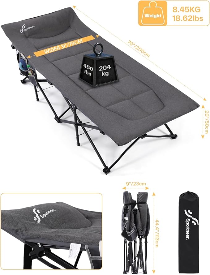 Sportneer Camping Cots for Adults, Sleeping Cot with Cushion Max Load 450 LBS Heavy Duty Folding Camping Sleeping Cot with Padded for Camping Tent Office Sleep Over (Grey, 79" Lx31 Wx20 H)
