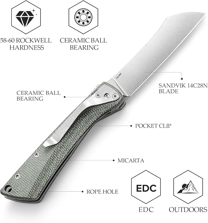 Higonokami Folding Pocket Knife for Men，3.3" 14C28N Stonewash Camping EDC Knives with Clip Micarta Handle，Norma-04G