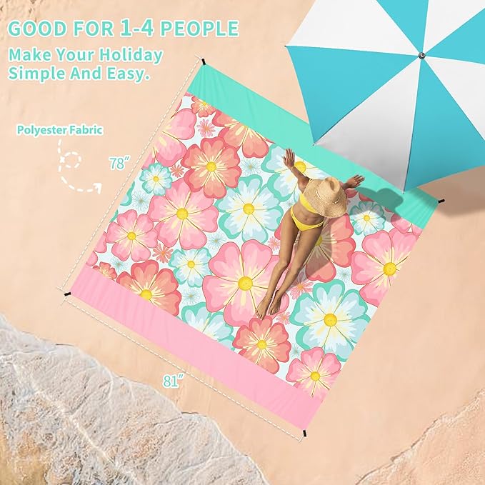 BYDOLL Beach Blanket Sandproof Waterproof Flower 78''×81''1-4 Adults Compact Lightweight Oversized Beach Blanket Large Picnic Mat Beach Blanket for Travel Camping Hiking Picnic