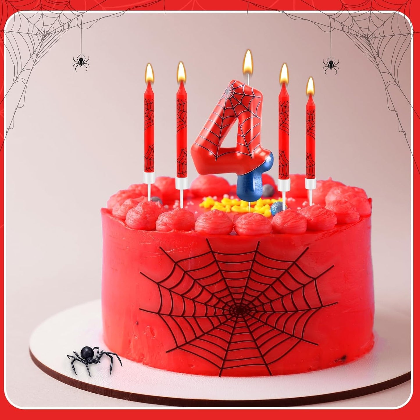 13 Pcs Spider Themed Birthday Candle Set Red Spider Theme Number 4 Candle Cake Topper for Boys Girls Birthday Decoration Spider Party Decoration Supplies (Number 4)