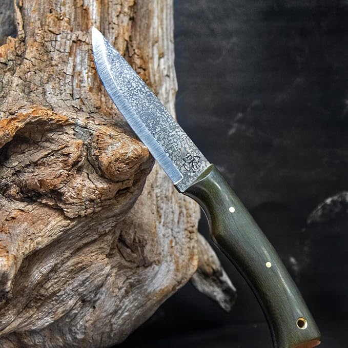 PKS Pathfinder Knife Shop Scorpion Bushcraft Camping Survival Carbon Steel Fixed Blade Knife - Leather Sheath - Made In USA (OD Micarta)