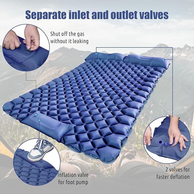 Sleeping Pad for Camping 2 Person Sleeping Mat for Camping Self Inflating Camping Mat with Pillow Built-in Foot Pump Waterproof Inflatable Sleeping Mat for Hiking Tent 79 * 49.2 * 3.5 Inch