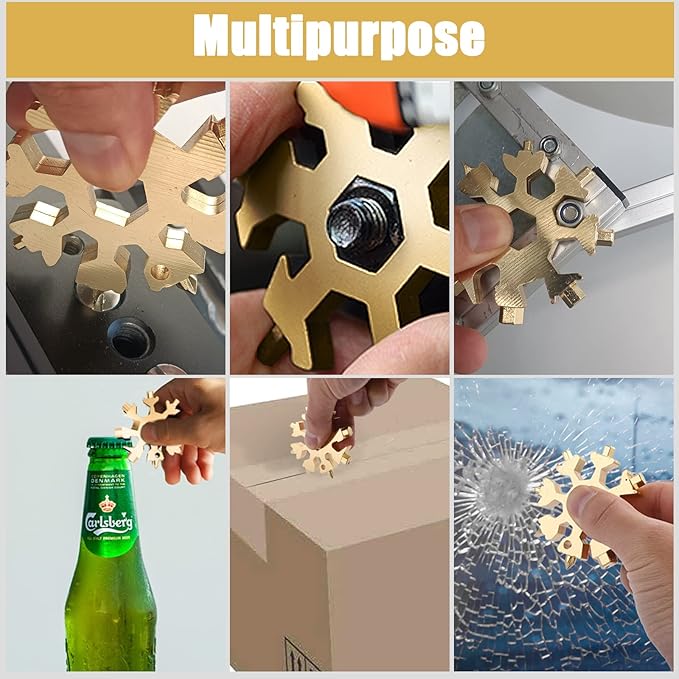 Snowflake Multitool, 2Pcs 18 in 1 Snowflake Multi tool Stainless Steel Snowflake Tool with Keyring(Gold)