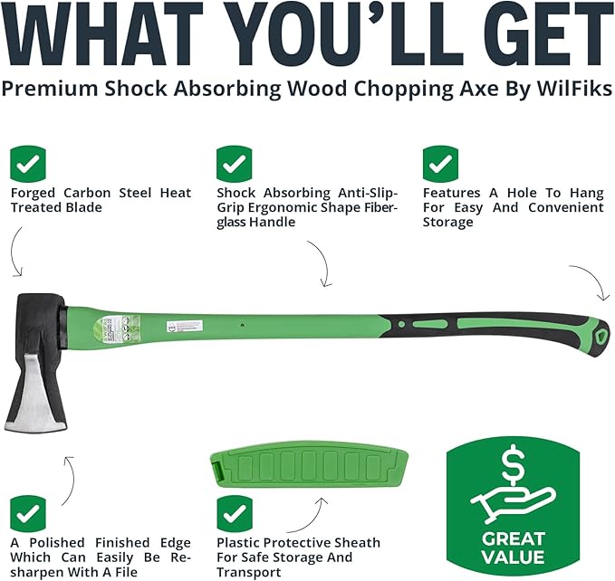 WilFiks Splitting Axe, 36” Camping Hatchet for Chopping and Kindling Wood and Branches, Forged Carbon Steel Hand Maul Tool for Gardening, Fiberglass Shock Reduction Handle with Anti-Slip Grip