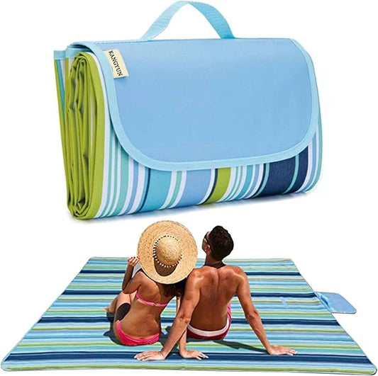 Picnic Blanket | Beach Mat|Picnic Blanket for Indoor and Outdoor, 80" x 57" Sandproof Waterproof Larger Mat for Beach, Travel, Camping, Hiking, Park Grass,Handy Mat Tote, Foldable (Blue Line) …
