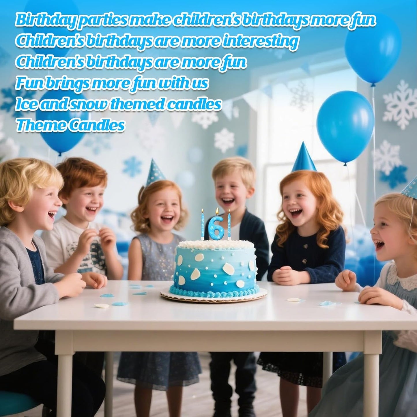 13PCS White and Blue Frozen Themed Party Birthday Candles Set - Blue Number Candles Snowflake Themed Decorations, Girls Party Supplies(Number 6)