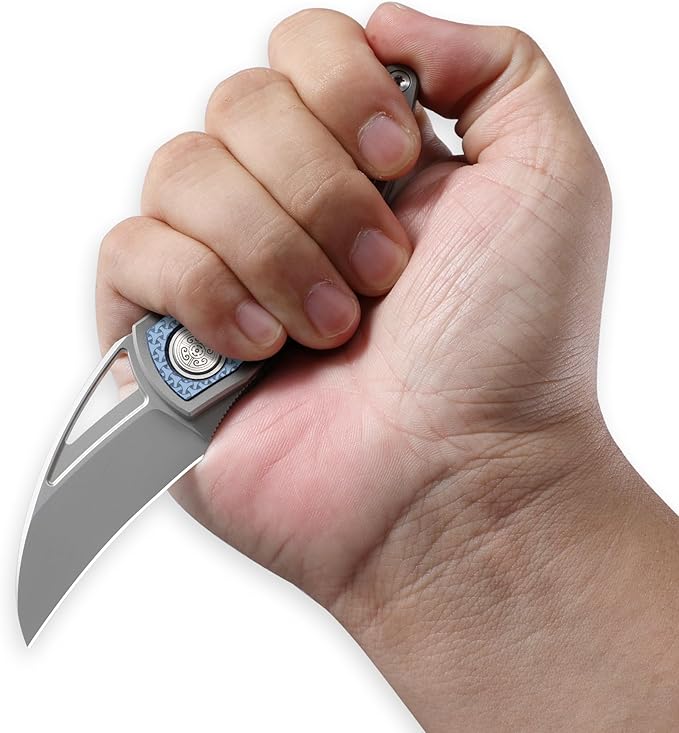 Knife Karasu Pocket Folding Knife,2.12" Grey Ceramic M390 Steel Blade Titanium Handle Front Flipper Knife,Small EDC Knife with Pocket Clip (Grayish Blue)