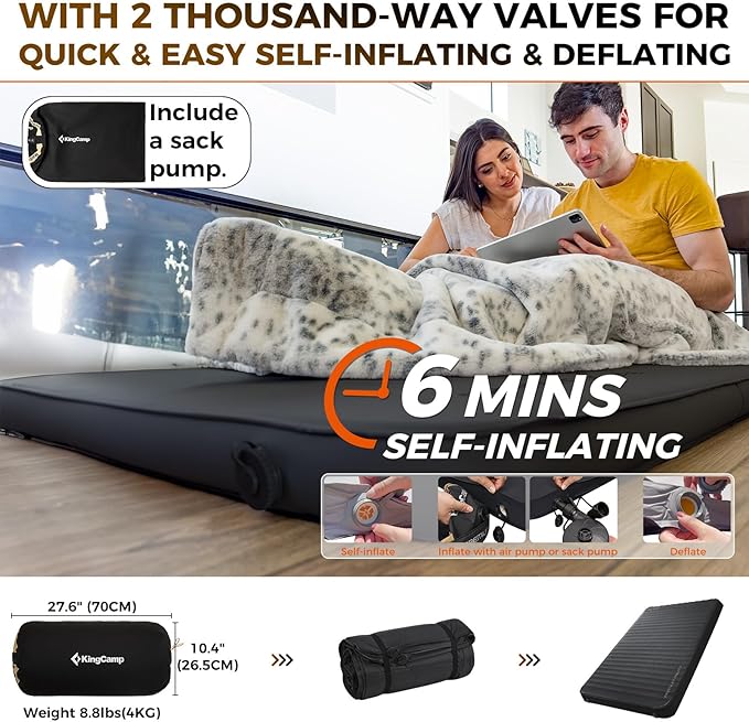 KingCamp Self Inflating Sleeping Pad for Camping Ultra Thick Double Single Foam Mattress High R Value Camping Air Pad Mat, Multi Colors & Sizes