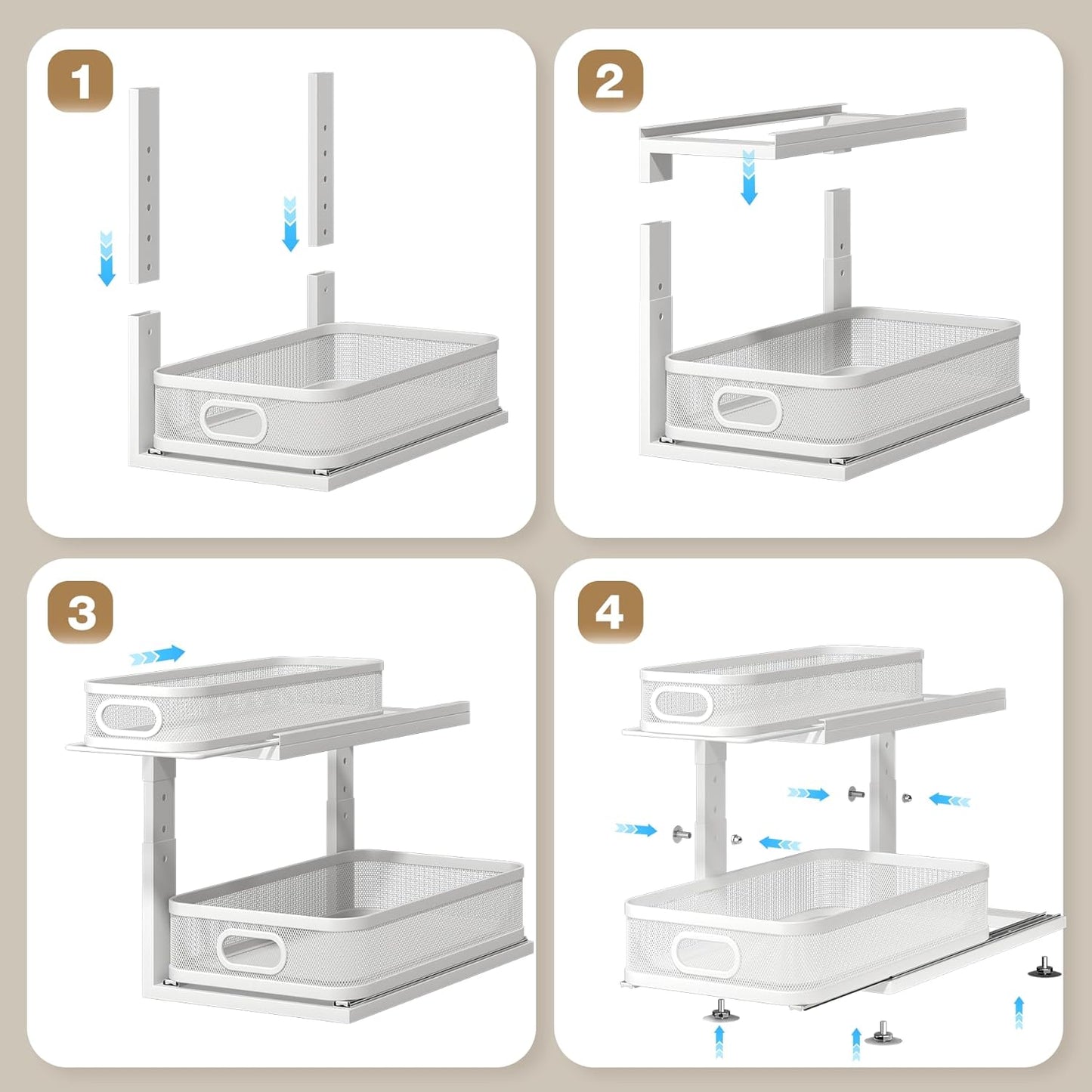 2 Pack 18.5IN-Depth Under Sink Organizer With Next-Gen Ball-Bearing Slides,2-Tier Precision Mesh Pull Out Cabinet Storage for Bathroom&Kitchen,Height Adjustable Drawers Shelf,Anti-rust-White
