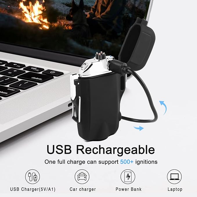Windproof Lighter Dual Arc Plasma Lighter Rechargeable Lighter Flameless with Survival Emergency Whistle and Lanyard (Black)