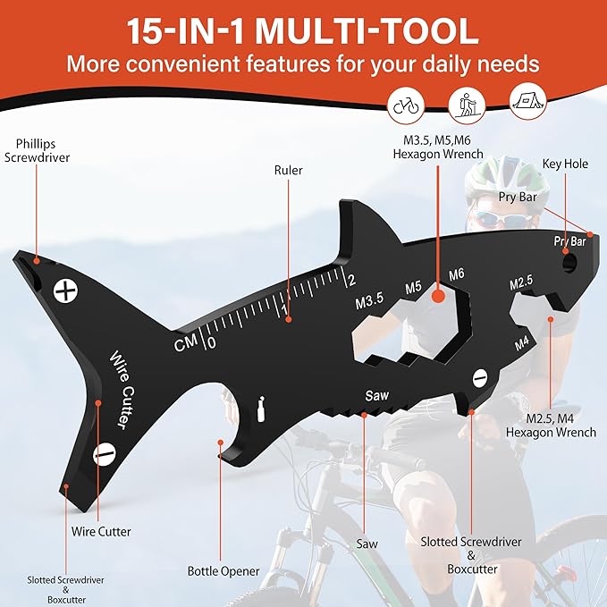 Funny Multitools Men Gifts Gadgets - Cool Shark-shaped 15 in 1 Small Tools for Men Dad Boyfriend Husband, Christmas Stocking Stuffer Gift Idea, Unique Gift for Birthday, Fathers Day, Valentines Day