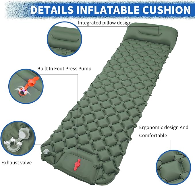 DDD Ultra-Light Inflatable Camping Sleeping Pad with its Built-in Foot Pump and Pillow - The Ultimate Camping pad, Hiking pad, Backpacking Pad and Lightweight for a Outdoor Sleep——Celadon