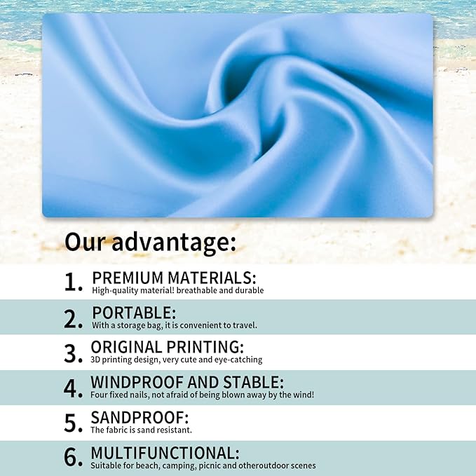 Beach Blanket Sandproof, 3D Printing 79" X 79" for 4-6 Adults Oversized Lightweight Picnic Blanket Portable Compact Quick Drying Picnic Mat for Outdoor Camping Hiking Travel