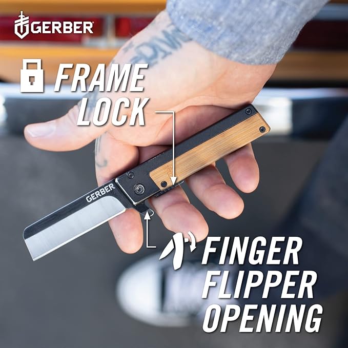 Gerber Gear Quadrant Clip Folding Knife with Plain Edge Blade - Straight Edge Flipper Knife with Pocket Clip and Bamboo Handle - EDC Gear and Equipment - Stainless Steel