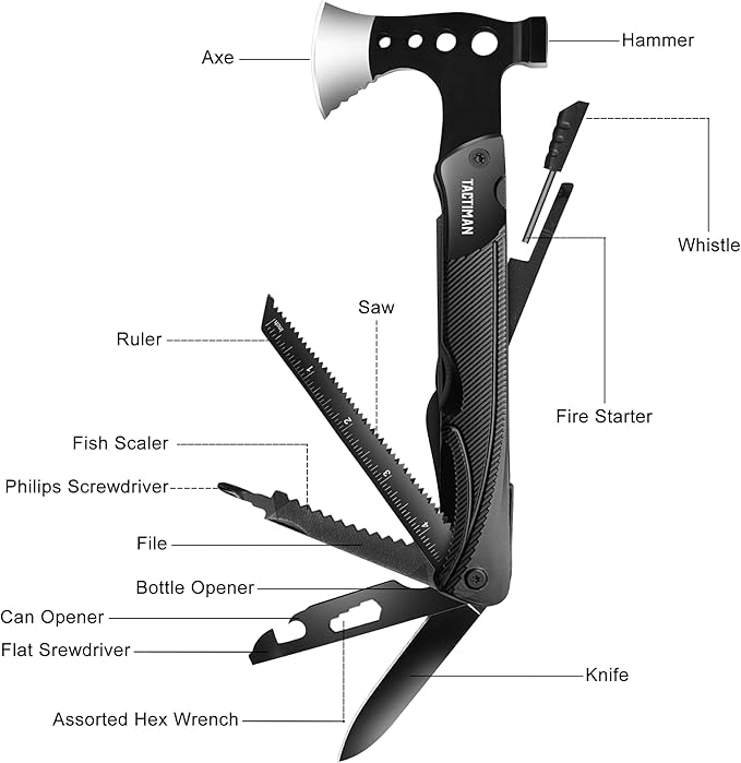 Multitool Hatchet Axe Stainless Steel Camping Hiking Survival Gear 14-in-1 Multi Tool with Axe Hammer Knife Saw Screwdrivers Bottle & Can Opener Whistle Fire Starter Christmas Gifts for Men