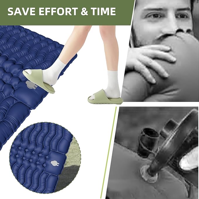 Double Sleeping Pad for Camping, Self-Inflating Sleeping Mat with Built-in Foot Pump, Air Mattress with Pillows, Foldable Camping Sleeping Pad for Hiking, Backpacking, Traveling (Blue)