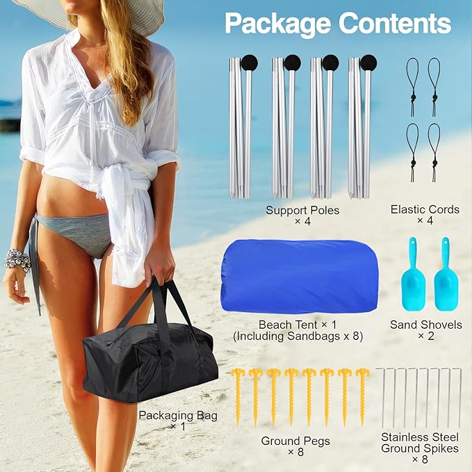 Rhino Valley Beach Tent Sun Shelter, Beach Canopy Tent Sun Shade UPF50+ Protection with 8 Sandbags 4 Stability Poles, Outdoor Beach Shade Canopy for Beach, Camping, Fishing