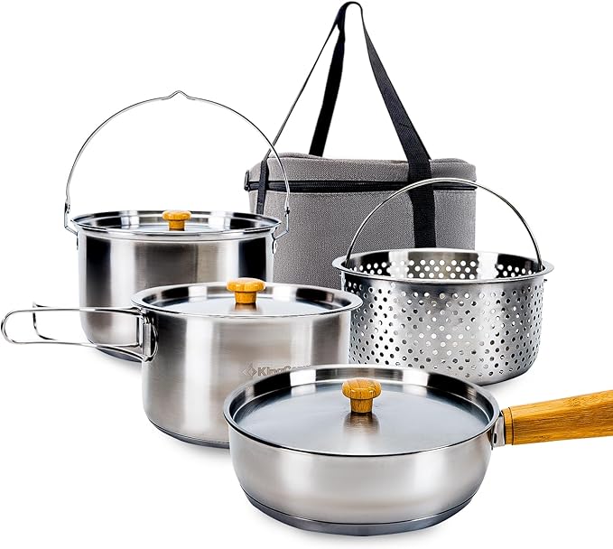 KingCamp Camping Cookware Set 304 Stainless Steel Campfire Cooking Pots Pan and Kettle with Travel Tote Bag for Camping Outdoor Kitchen Cooking Picnic for 4-6