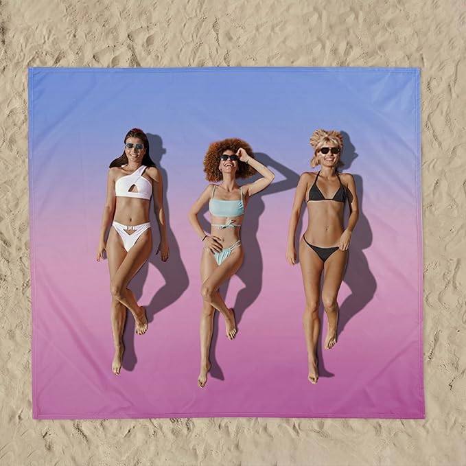 Large Beach Blanket Waterproof Sandproof, Blue Pink Gradient Weighted Polyester Picnic Blanket Windproof w/Stakes and Sand Pockets, Outdoor Camping Beach Mat Sand Free Fits 8 Adult for Travel, Hiking