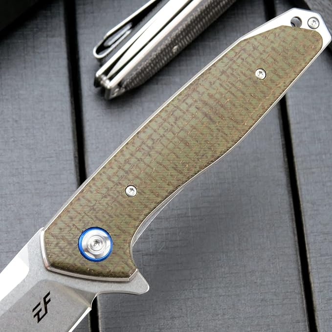 Eafengrow EF972 Folding Knife, D2 Steel Blade Micarta Handle Pocket Knife Folder for Outdoor Camping Hiking Working EDC Tool Knife(army green)