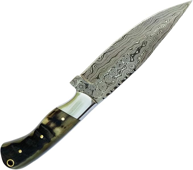 Nooraki HK-79 Handmade Damascus Skinner Hunting Knife 224 Layers Horn Handle with Leather Sheath Full Tang (9 inches, Ram Horn Handle)