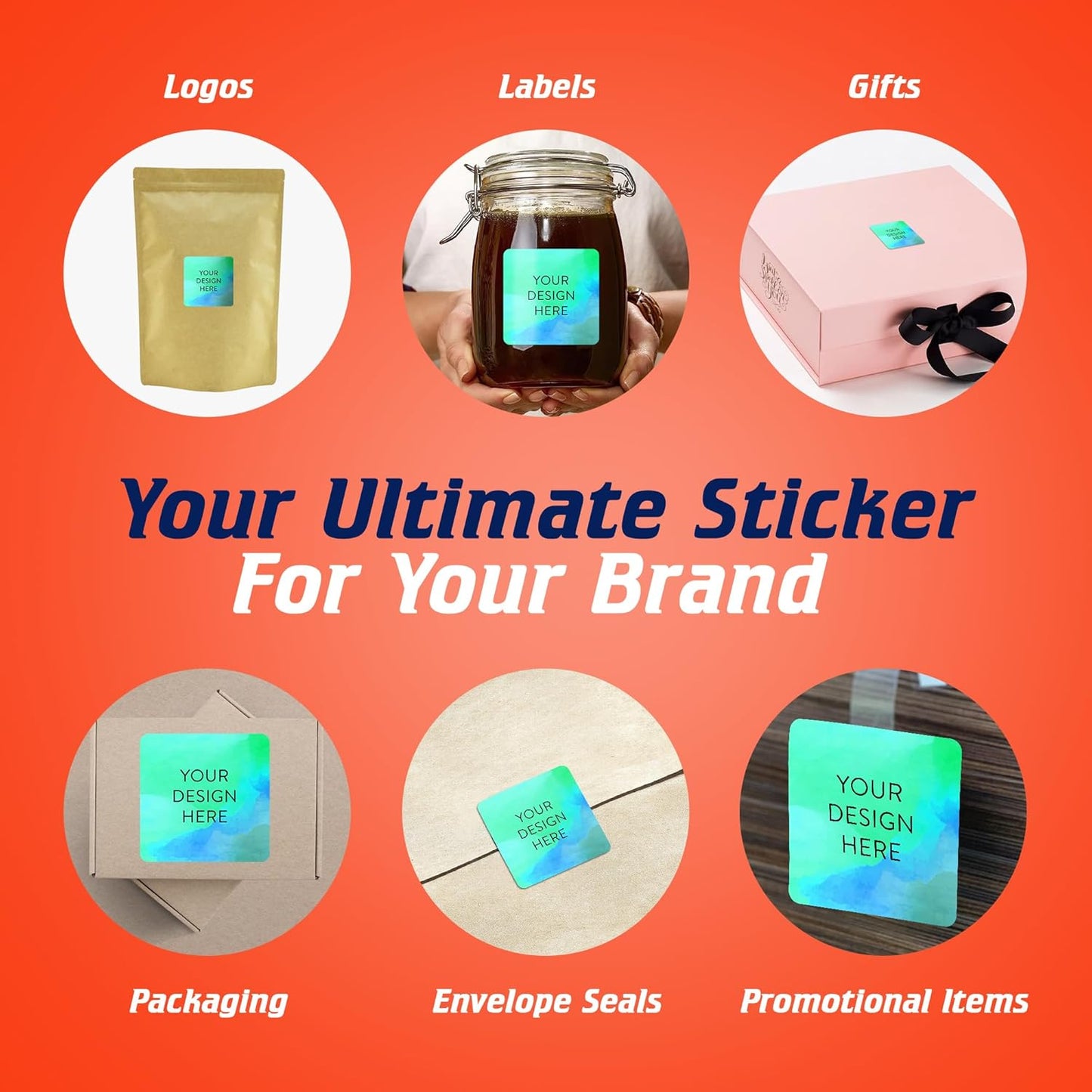 100 Custom Vinyl Stickers - Upload Your own Image, Text, Design, Logo - Personalized Logo Labels for Handmade, Packaging, Bottle, Jars, Candle, Brand Stickers (Blue Green, 2x2 Square)