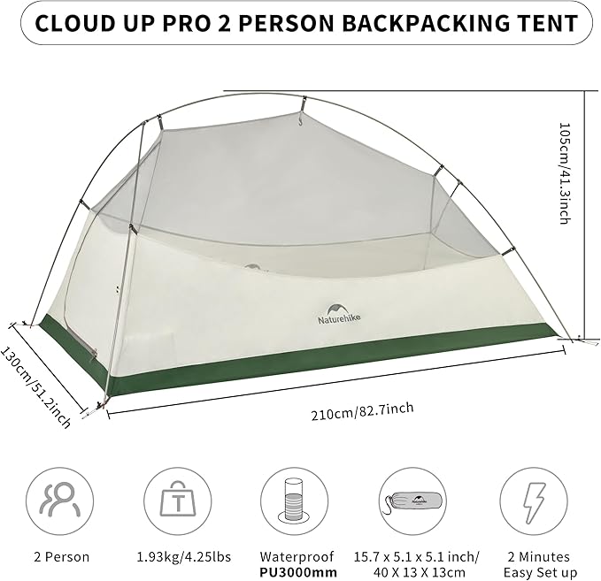 Naturehike Cloud-Up 2 Person Tent Lightweight Backpacking Tent with Footprint - Free Standing Ultralight Camping Hiking Backpack Tents Two Person Tent