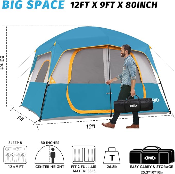 UNP 2/4/6/8 Person Tent, Portable Cabin Tent, Camping Tent 4-Person Easy Set Up, Waterproof with Top Rainfly for Outdoor Camping/Hiking