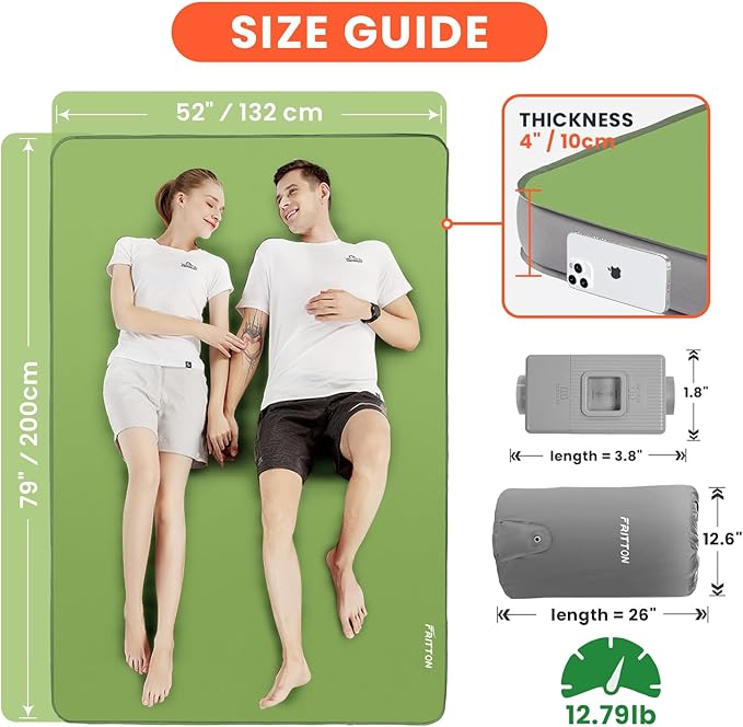 Self Inflating Sleeping Pad with Built-in Electric Pump, 4" Ultra Thick Memory Foam Double Camping Mattress, Fast Deflating Camping Sleeping Pad, 4 Season Insulated Sleeping Pad for Camping, Tent, Car