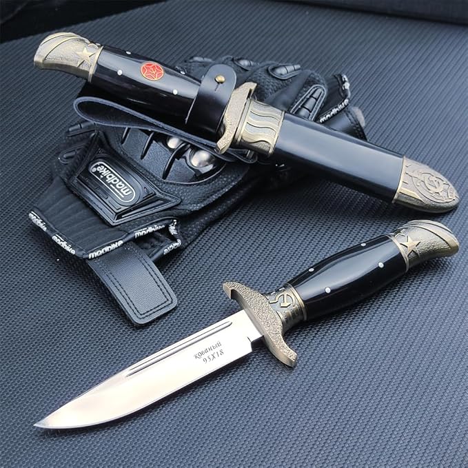 Outdoor Bushcraft Fixed Blade Survival Knife with Sheath - 5.15 in Mirror Blade Zinc Alloy + Resin Handle - Full Tang Bowie Knife for Collectors - Best for Hunting Camping Fishing, Black