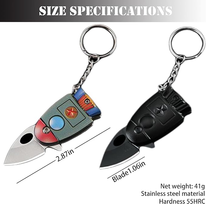 Rocket Shaped EDC Knife, Cool Key Chain Knife, Pocket Knife with Stainless Steel Blade, Suitable for Wilderness Survival, Collection, Daily Use and Outdoor Travel (Colorful)