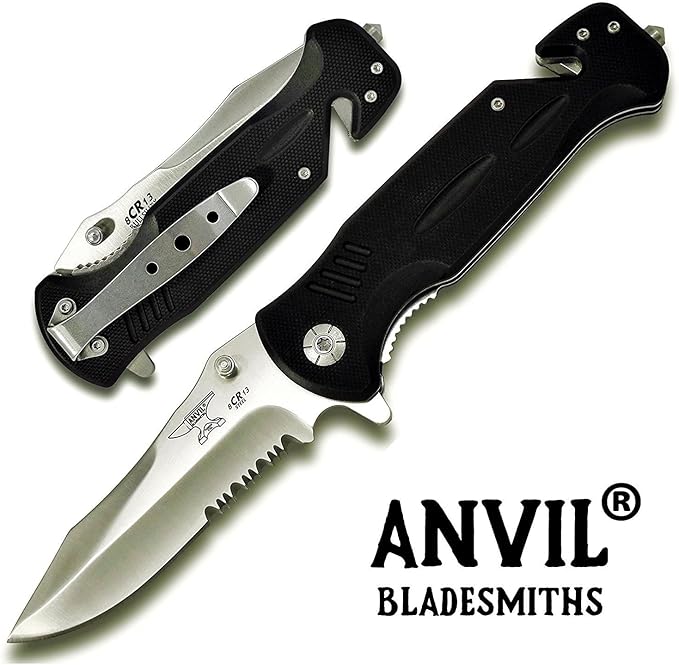 BULLSHARK G-10 8CR13 Folding Pocket Knife w/Glass Breaker and Seatbelt Paracord Cutter - Serrated Blade Silver Assisted Open (SERRATED SATIN ASSISTED, 1)