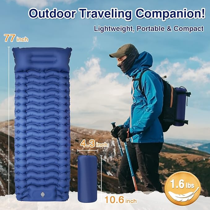 Camping Sleeping Pad Inflatable Sleeping Mat with Pillow Built-in Foot Pump Camping Mat Thickness 4 Inch Waterproof Portable and Compact Camping Mattress for Backpacking Hiking Traveling Tent
