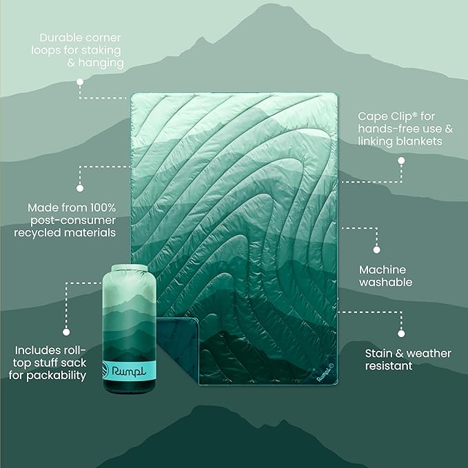 Rumpl Original Puffy Blanket - Warm Puffy Camping Blanket, 100% Recycled Polyester Insulation, Lightweight, Packable, Water-Resistant, Outdoor Puffer Blanket, 52"x75", Cascade Fade