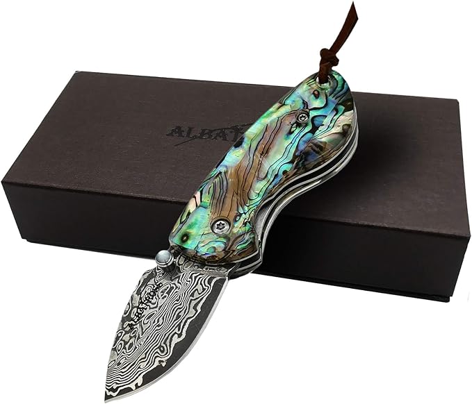 ALBATROSS Mini Pocket Knife Abalone Seashells 4.75'' Modern Damascus Steel Knife Liner Lock Folding Knife Gift Box - HGDK013B