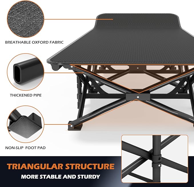 ATORPOK Camping Cot for Adults with Cushion Comfortable,Portable Folding Bed for Sleeping,Lightweight Folding Bed with Carry Bag for Kids Supports 450 lbs (Black)