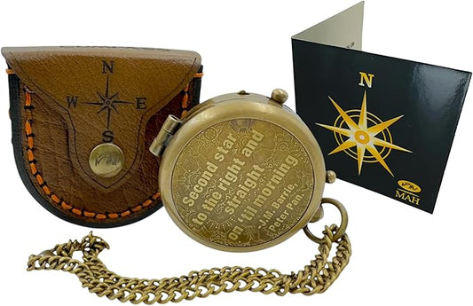 Second Star to The Right J. M. Barrie, Peter Pan Engraved Handmade Brass Compass for Birthday, Graduation Day, Confirmation Gift, Valentine Gift Parting Gift and Campion, Hiking Compass with Case