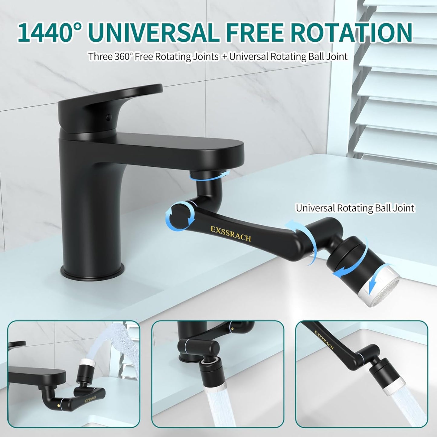 1440° Rotating Faucet Extender, Brass Multifunctional 1080°+ 360° Swivel Extension Robotic Arm Sink Aerator for Kitchen/Bathroom, 2 Water Outlet Modes, Black